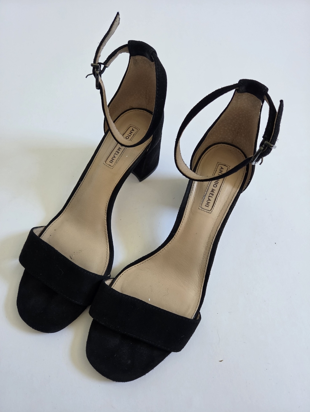 Antonio Melani Odella black suede ankle strap block heel sandals sz 8